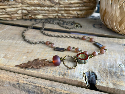 Copper Leaf Pendant | Lampwork & Czech Glass Necklace | Autumn Inspired Mixed Media Jewellery