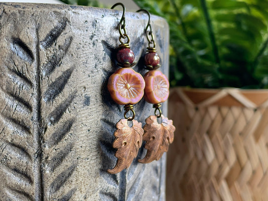 Rustic Autumn Leaf Earrings with Czech Glass Flowers & Copper Leaves | Nature Inspired Jewellery