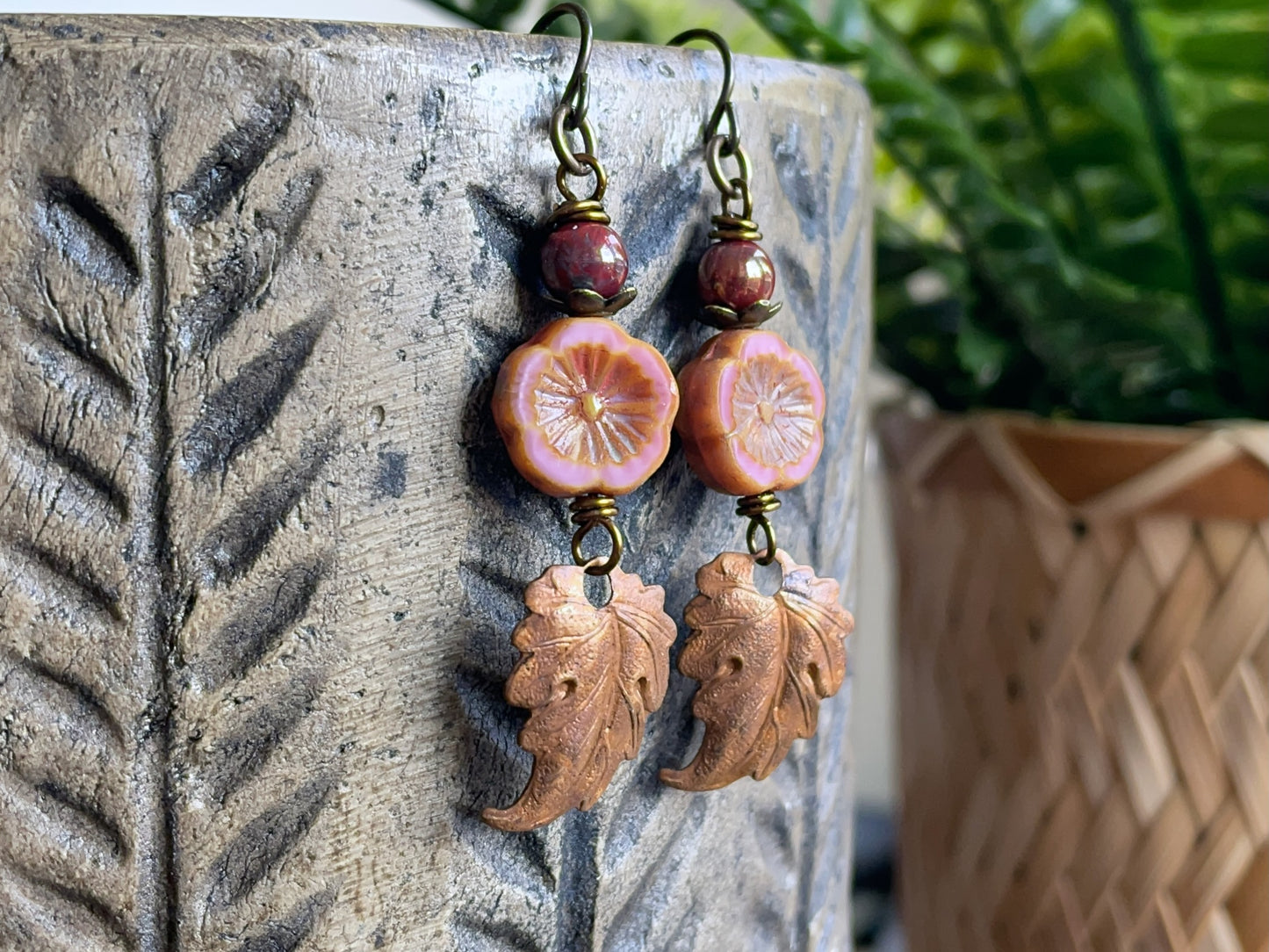 Rustic Autumn Leaf Earrings with Czech Glass Flowers & Copper Leaves | Nature Inspired Jewellery