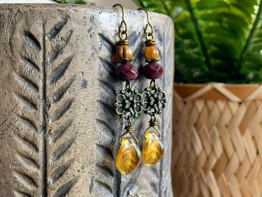Amber Czech Glass Leaf Earrings | Burgundy & Ochre Boho Drops | Nature Inspired Autumn Jewellery