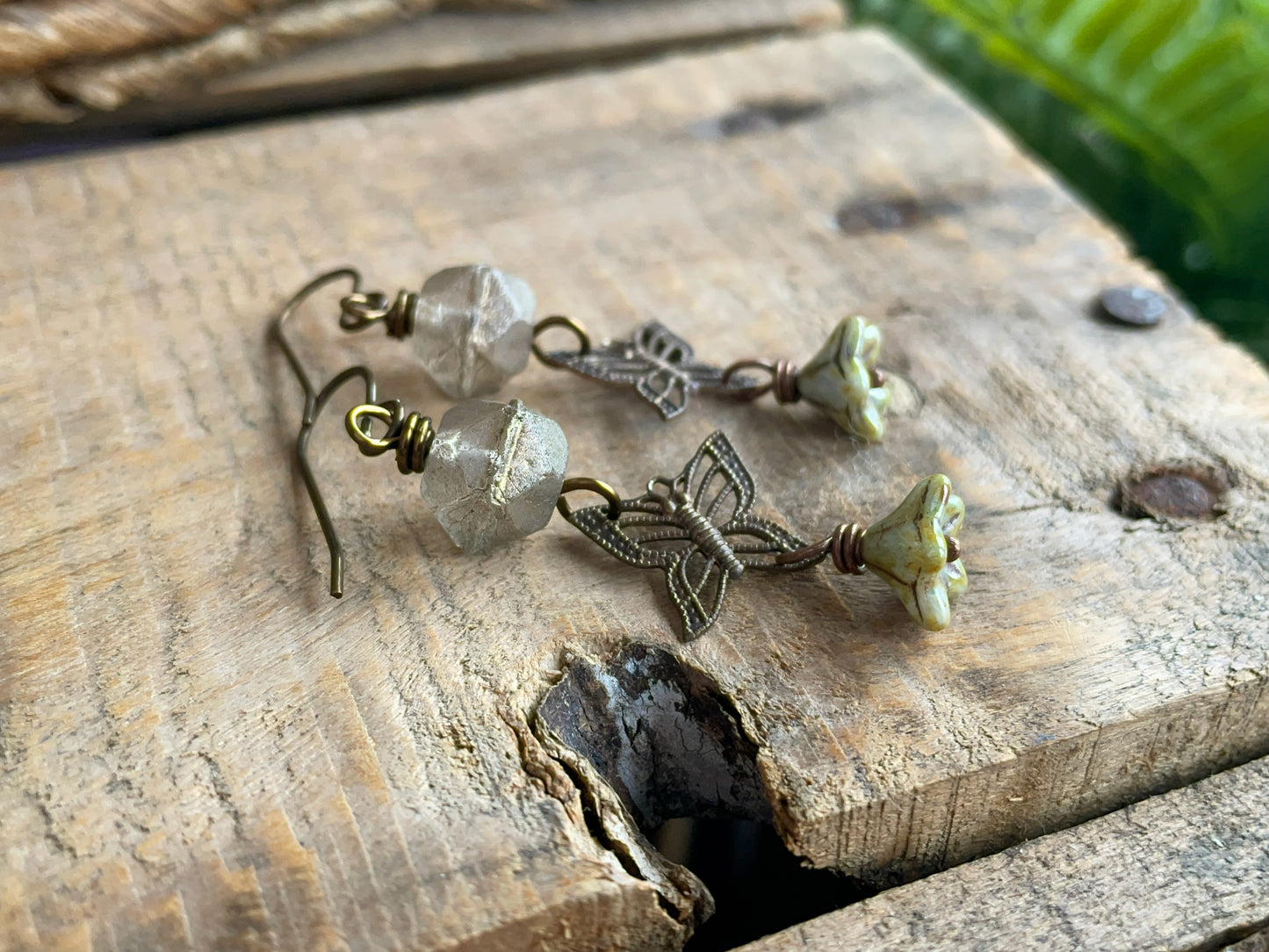 Bohemian Brass Butterfly Earrings with Rustic Czech Glass - Whimsical and Unique Nature Jewellery
