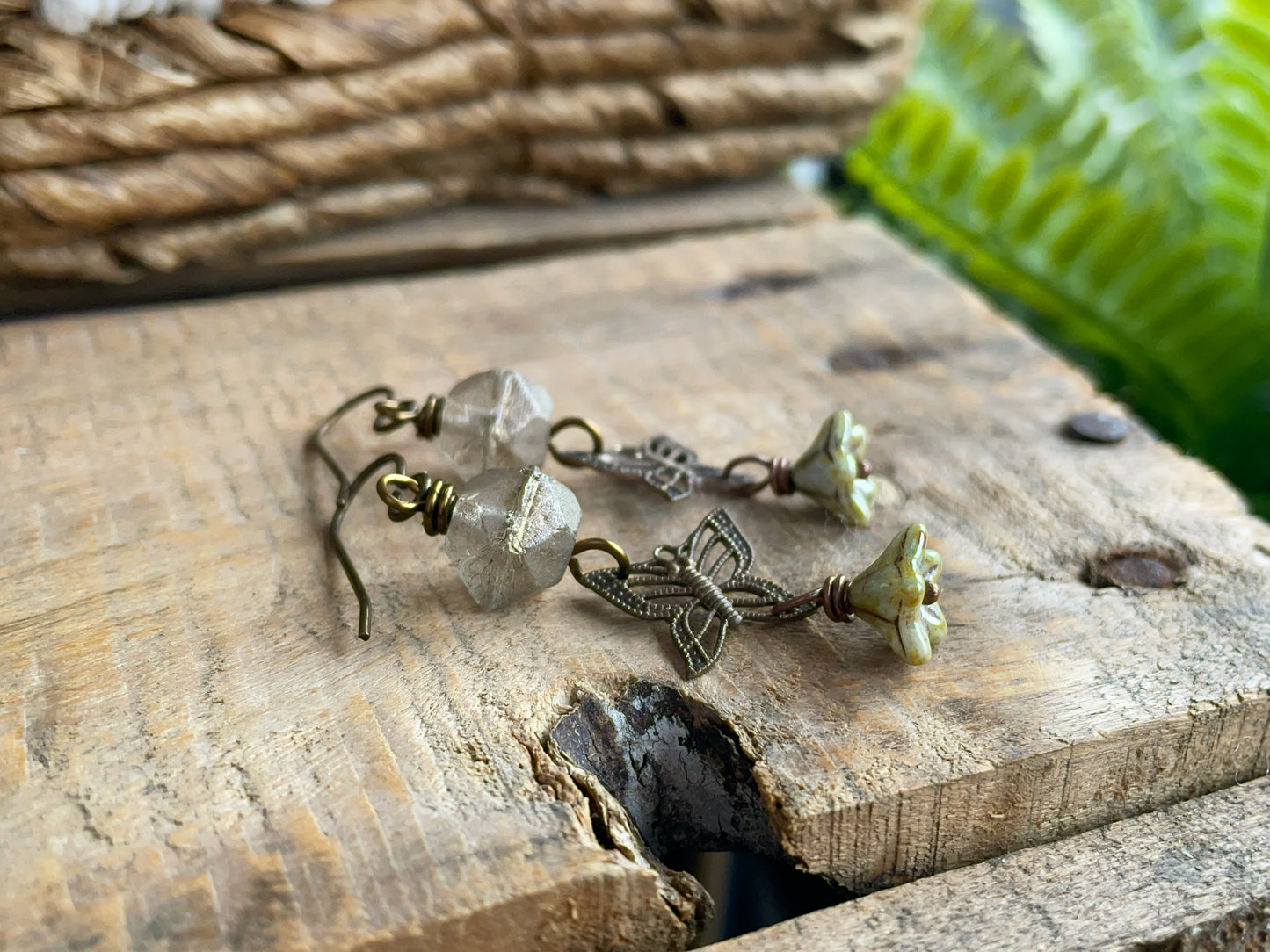 Bohemian Brass Butterfly Earrings with Rustic Czech Glass - Whimsical and Unique Nature Jewellery