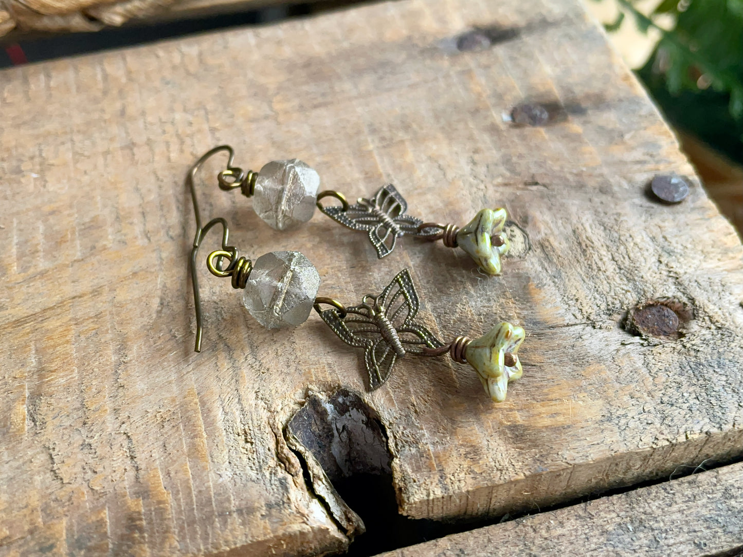 Bohemian Brass Butterfly Earrings with Rustic Czech Glass - Whimsical and Unique Nature Jewellery