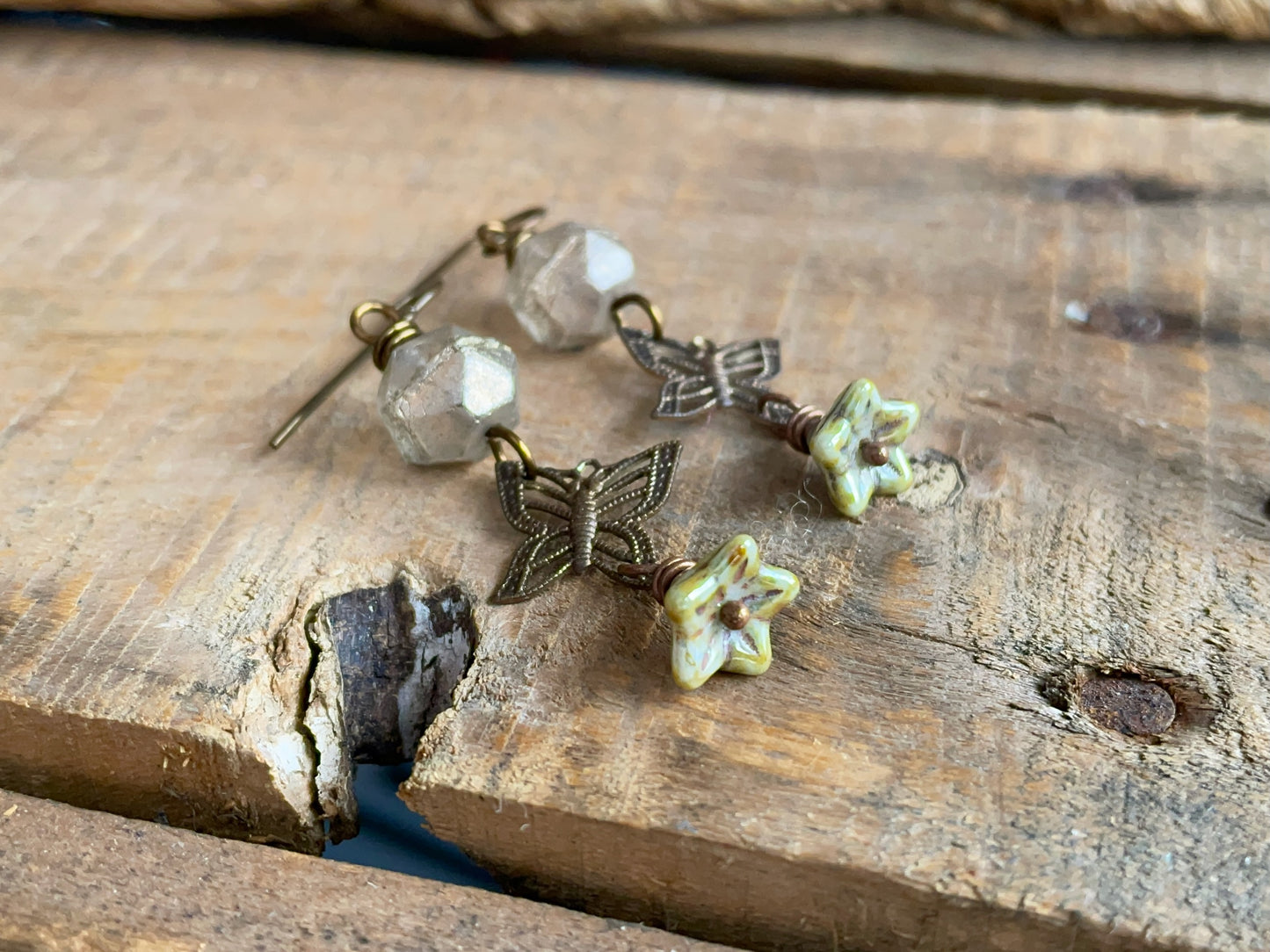 Bohemian Brass Butterfly Earrings with Rustic Czech Glass - Whimsical and Unique Nature Jewellery
