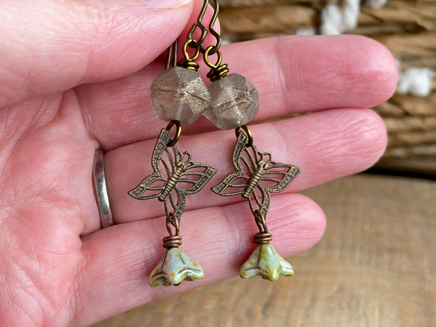 Bohemian Brass Butterfly Earrings with Rustic Czech Glass - Whimsical and Unique Nature Jewellery