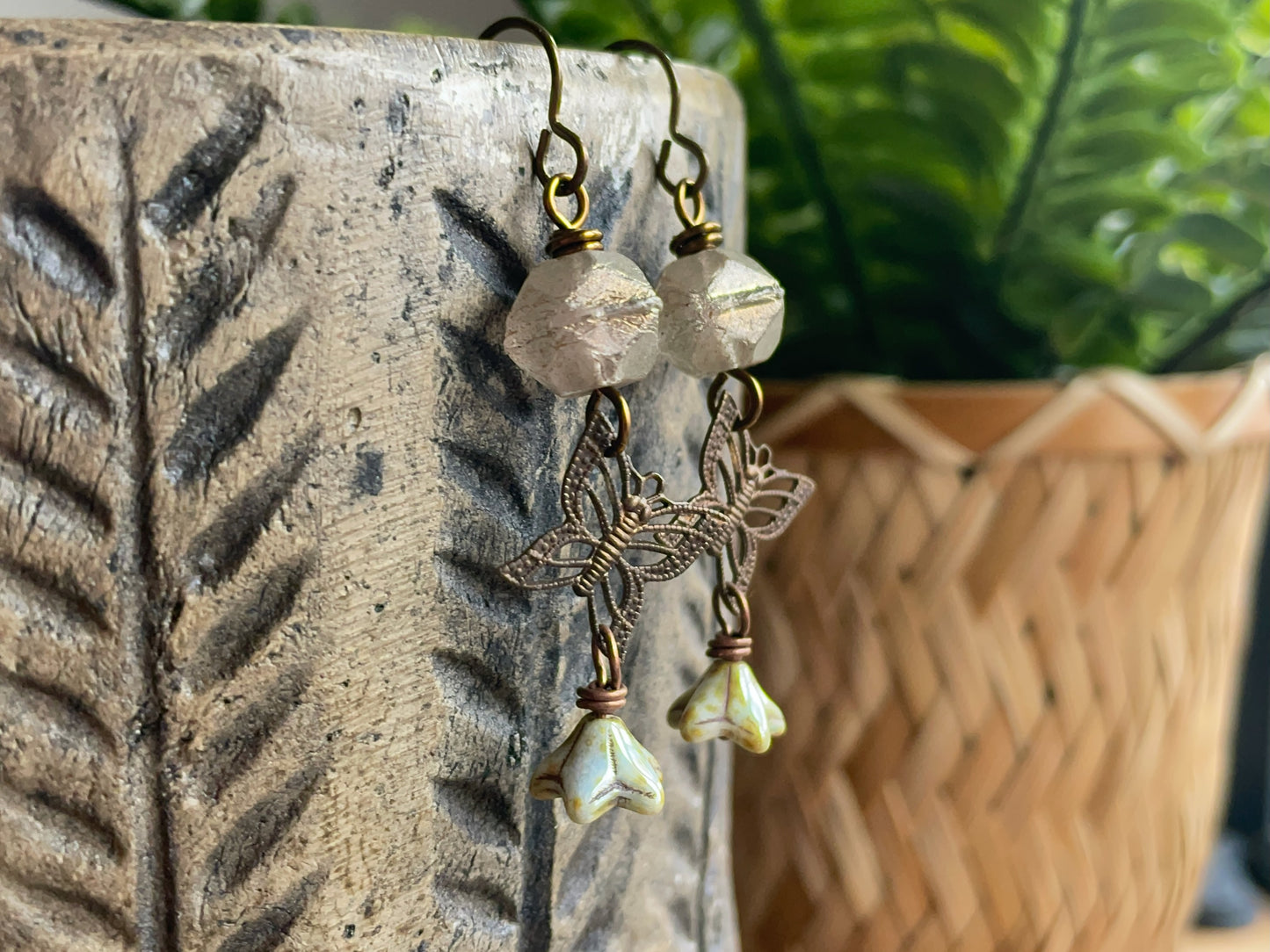 Bohemian Brass Butterfly Earrings with Rustic Czech Glass - Whimsical and Unique Nature Jewellery