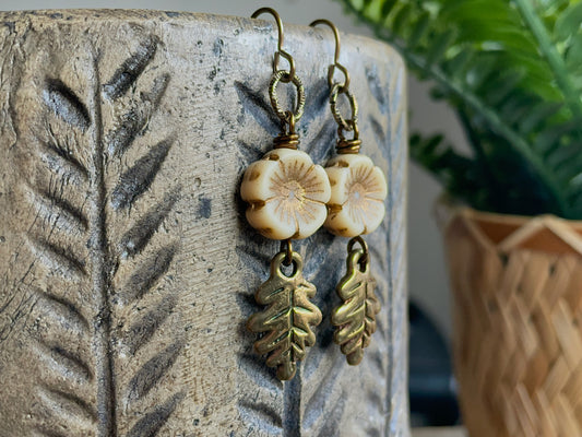 Cream Czech Glass Flower & Bronze Leaf Drop Earrings | Handmade Nature Inspired Jewellery