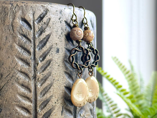 Elegant Cream Teardrop Earrings | Gold Washed Czech Glass with Copper-Tone Links and Natural Soapstone Beads