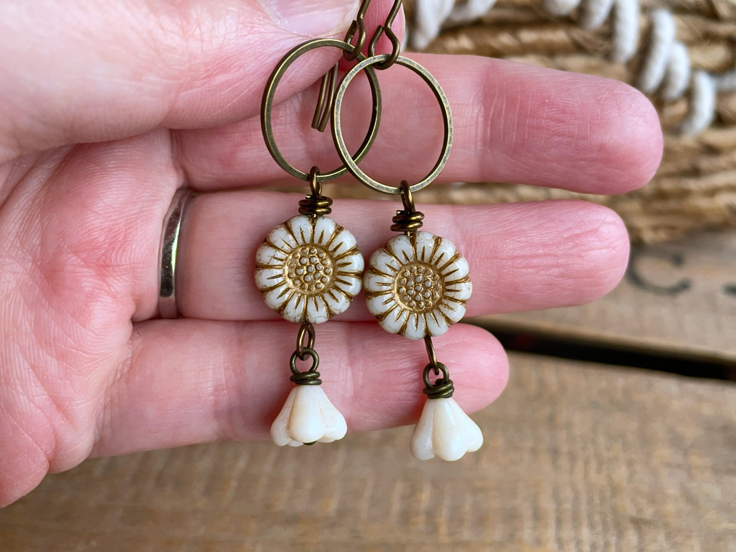Czech Glass Sunflower Earrings in Antique Cream & Bronze | Floral Jewellery for Spring