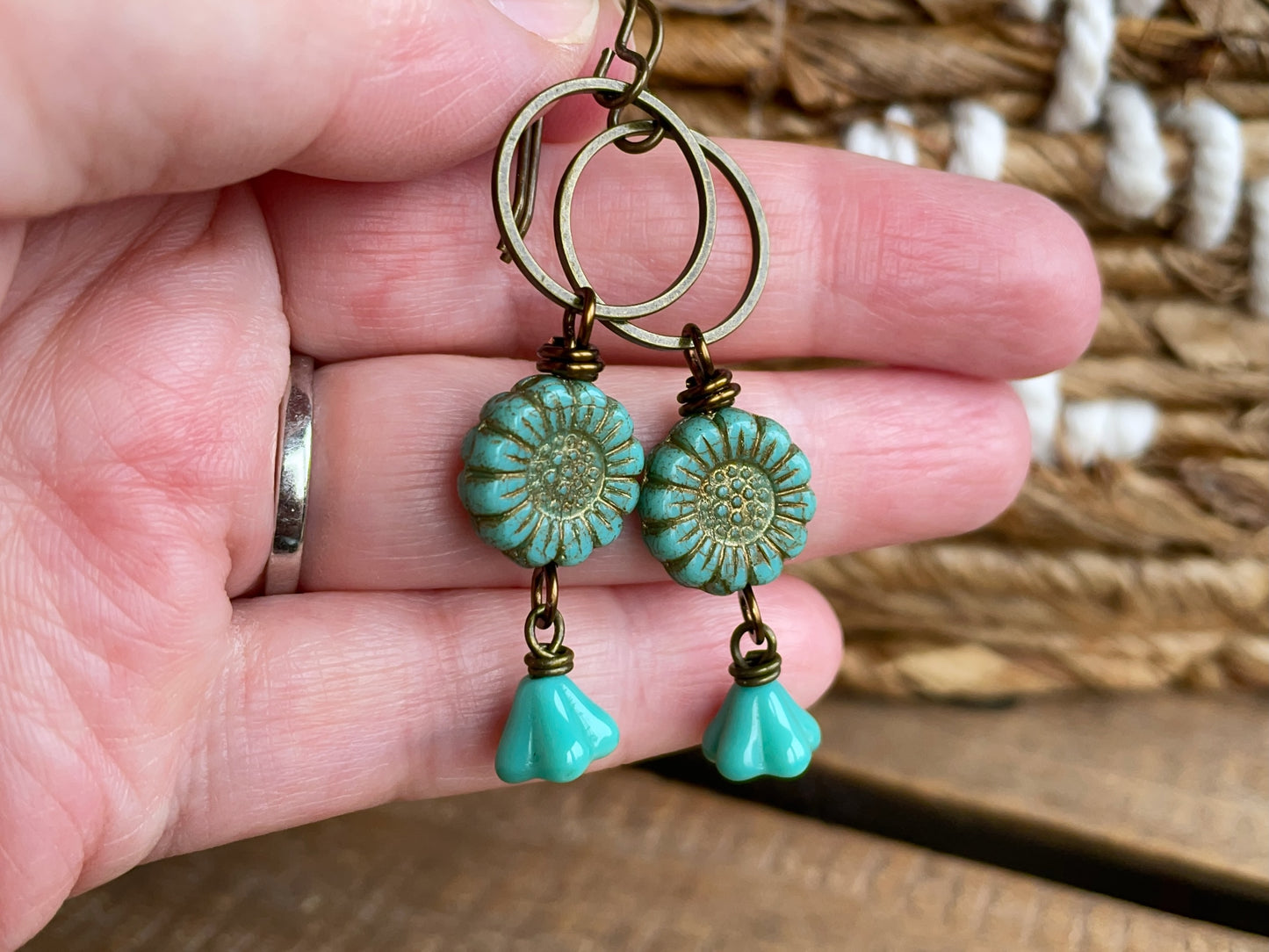 Turquoise Czech Glass Sunflower Earrings | Colourful Floral Drop Earrings