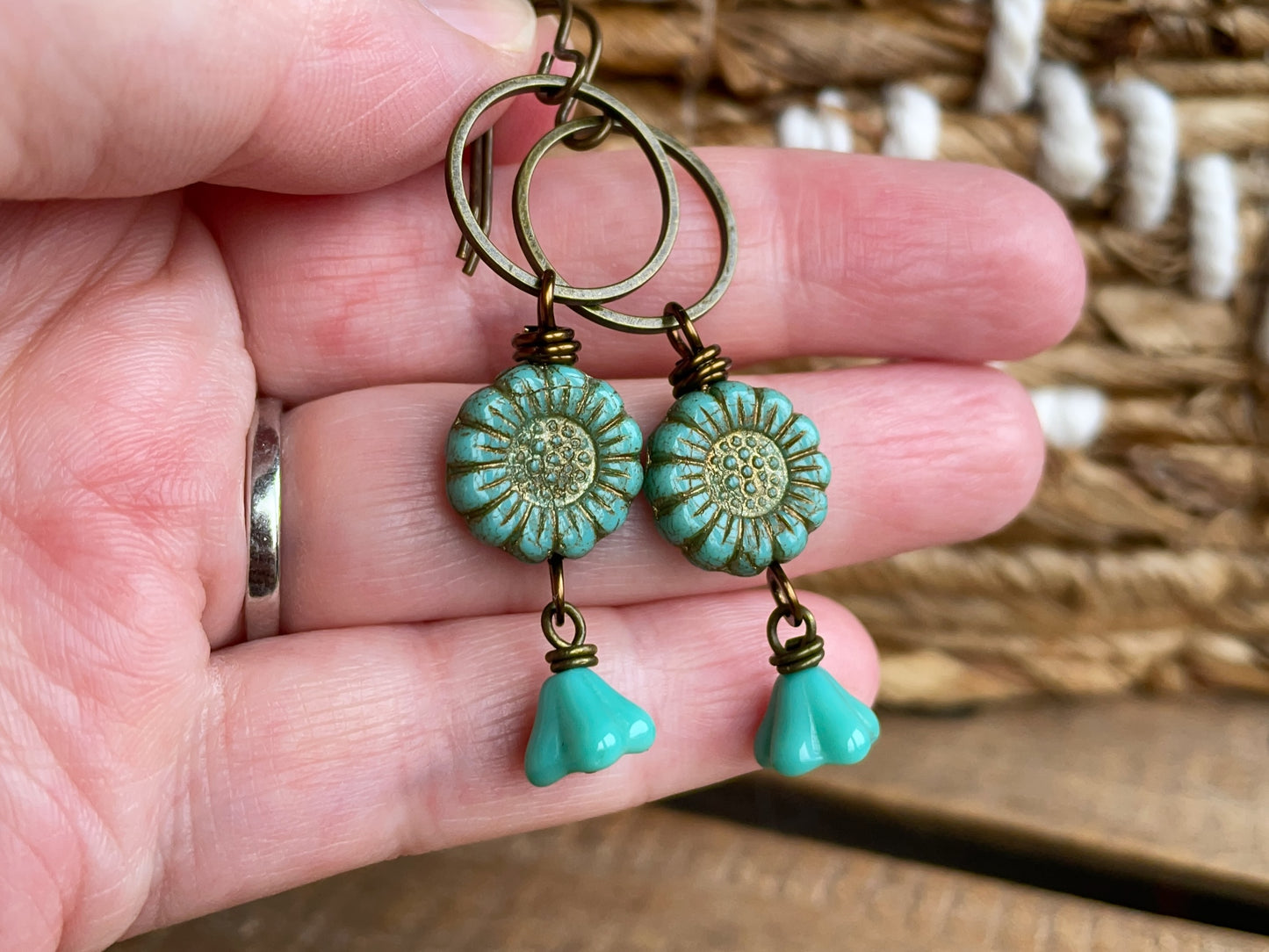 Turquoise Czech Glass Sunflower Earrings | Colourful Floral Drop Earrings