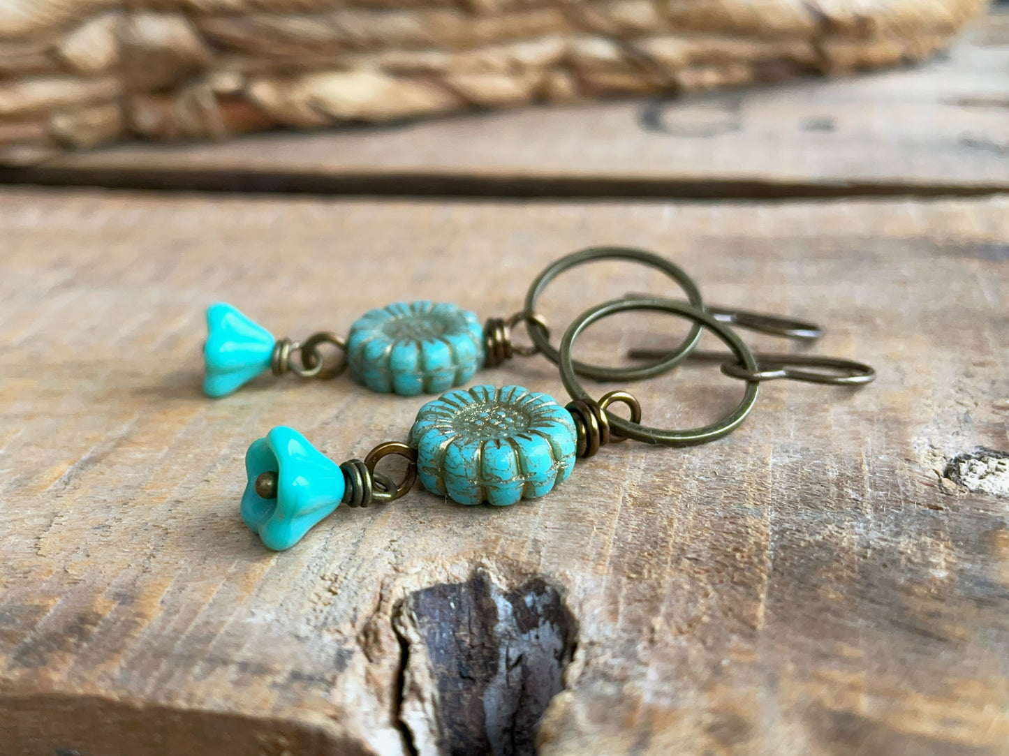 Turquoise Czech Glass Sunflower Earrings | Colourful Floral Drop Earrings
