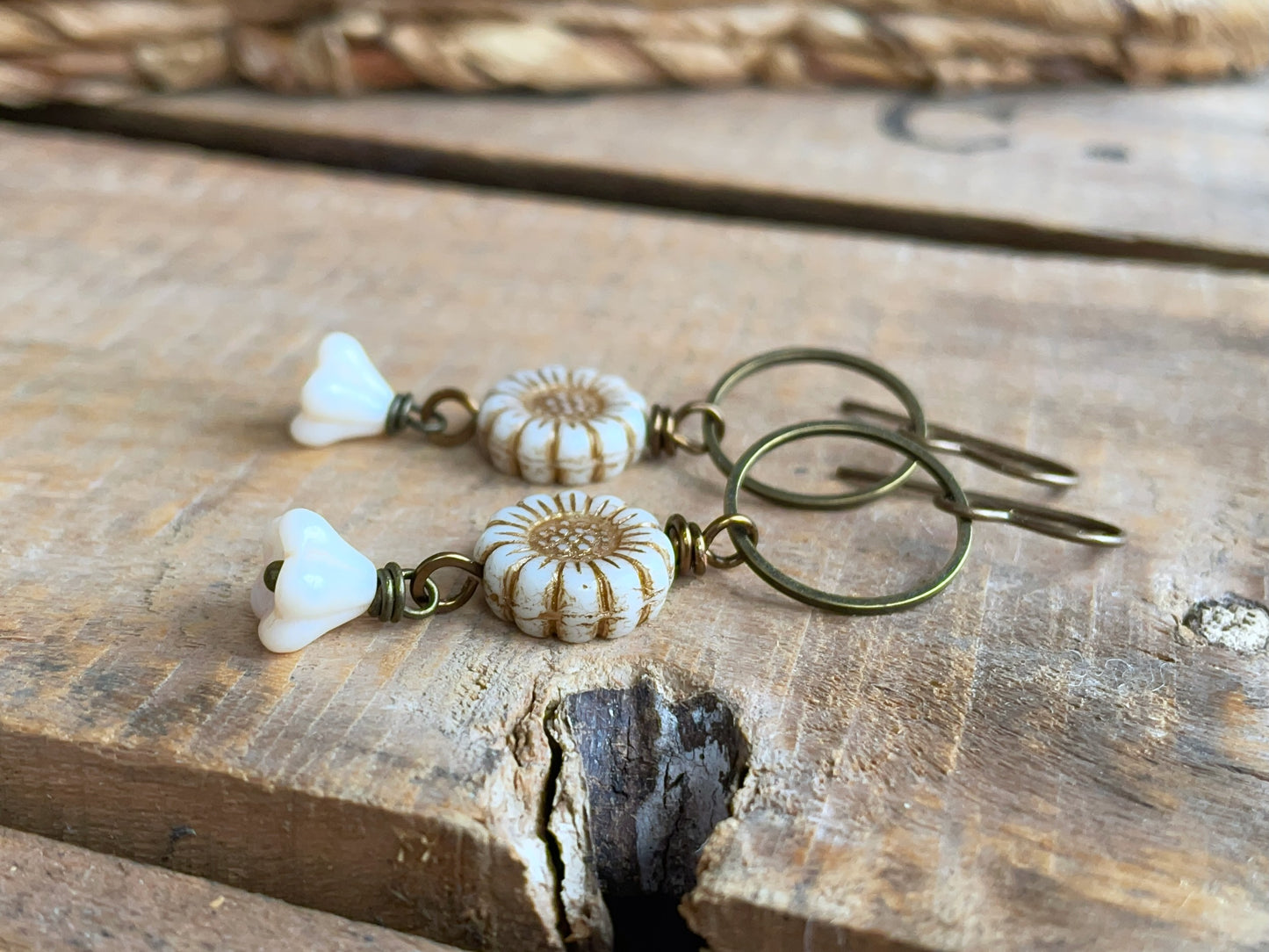 Czech Glass Sunflower Earrings in Antique Cream & Bronze | Floral Jewellery for Spring