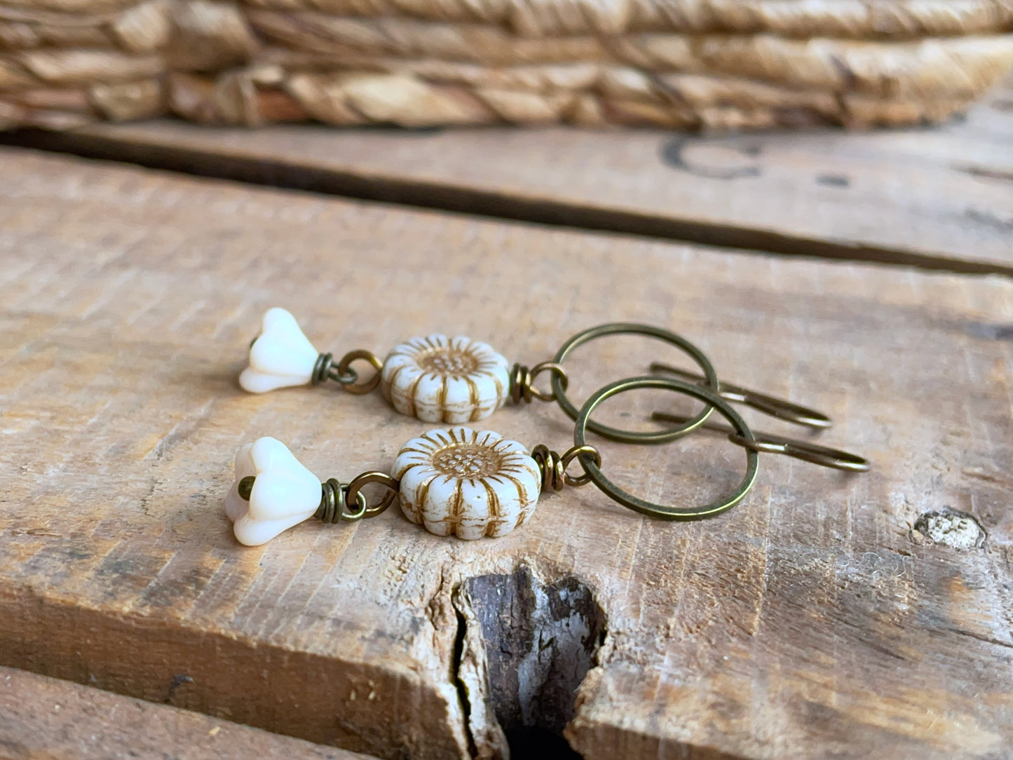 Czech Glass Sunflower Earrings in Antique Cream & Bronze | Floral Jewellery for Spring