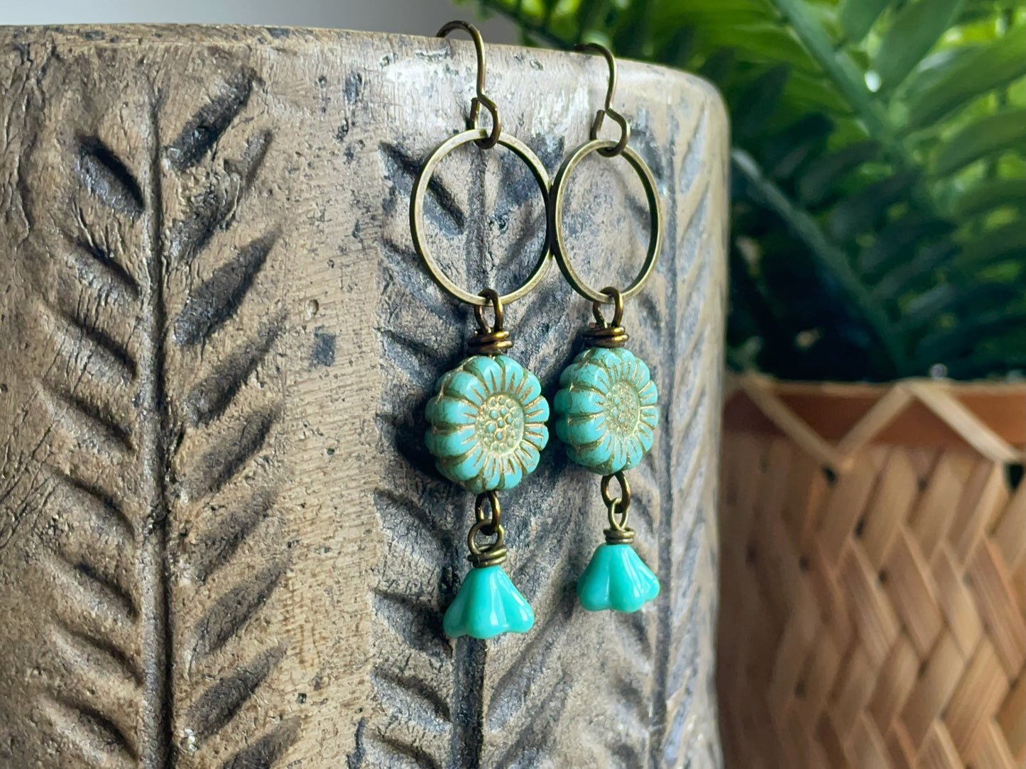 Turquoise Czech Glass Sunflower Earrings | Colourful Floral Drop Earrings