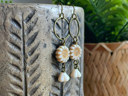 Czech Glass Sunflower Earrings in Antique Cream & Bronze. Floral Jewellery for Spring