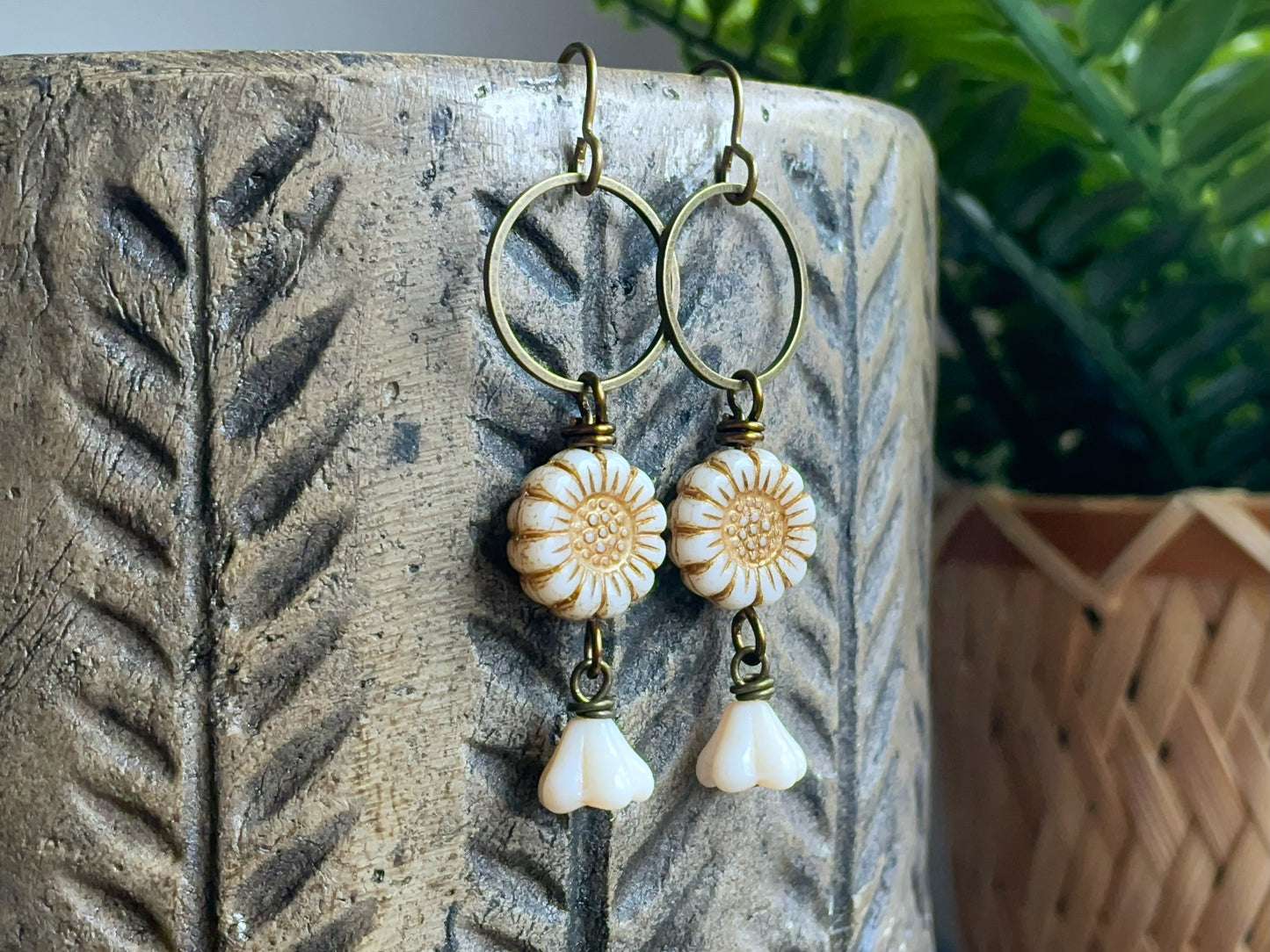 Czech Glass Sunflower Earrings in Antique Cream & Bronze | Floral Jewellery for Spring