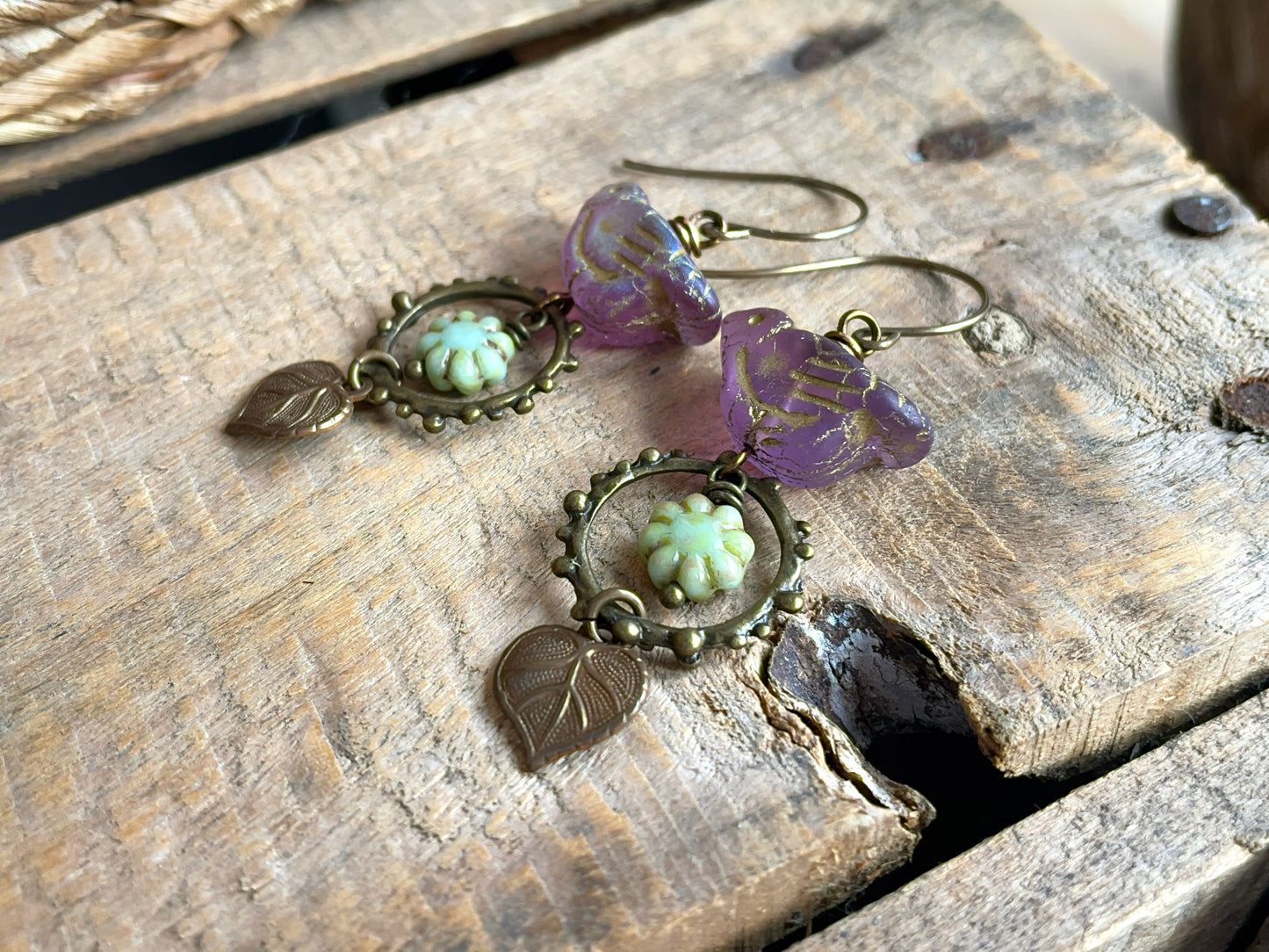 Lilac Bird Earrings with Flower Beads and Brass Leaves | Nature Inspired Czech Glass Jewellery