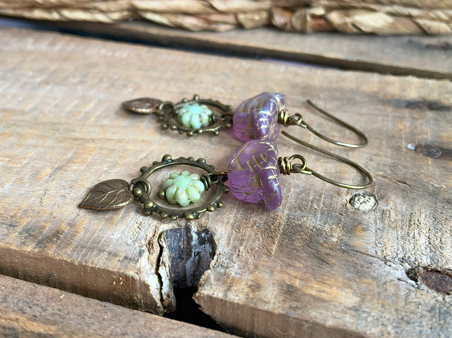 Lilac Bird Earrings with Flower Beads and Brass Leaves | Nature Inspired Czech Glass Jewellery