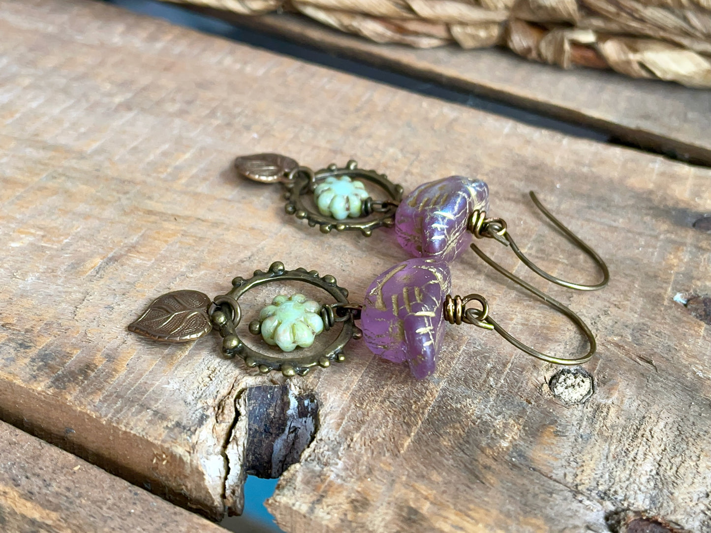 Lilac Bird Earrings with Flower Beads and Brass Leaves | Nature Inspired Czech Glass Jewellery