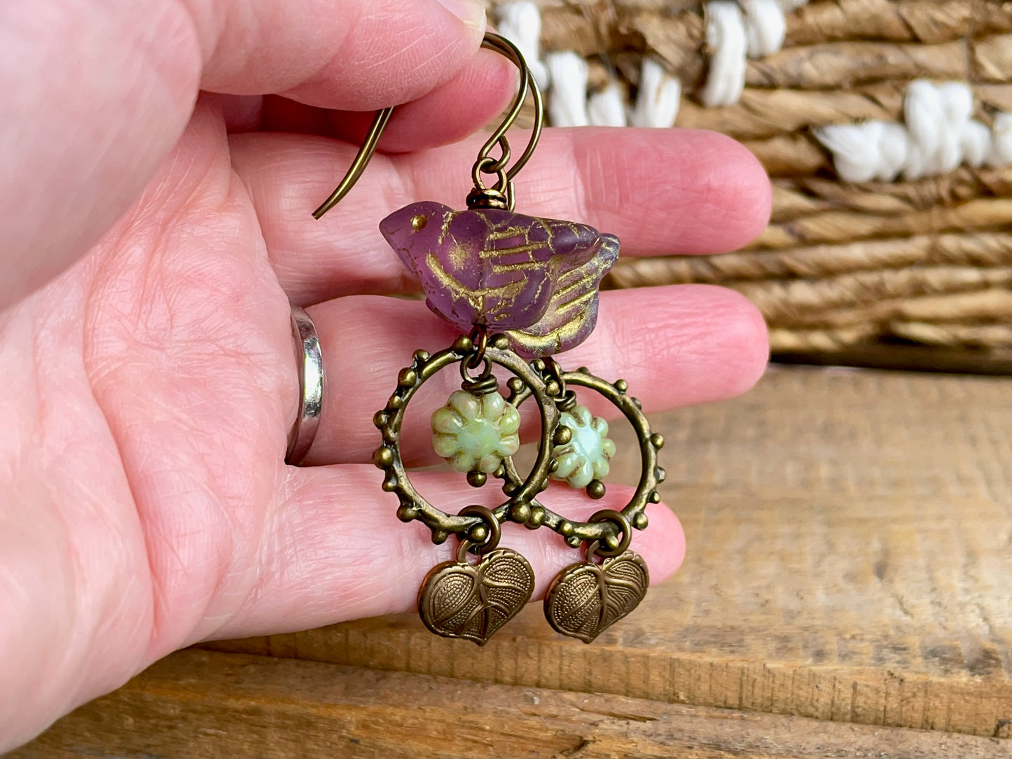 Lilac Bird Earrings with Flower Beads and Brass Leaves | Nature Inspired Czech Glass Jewellery