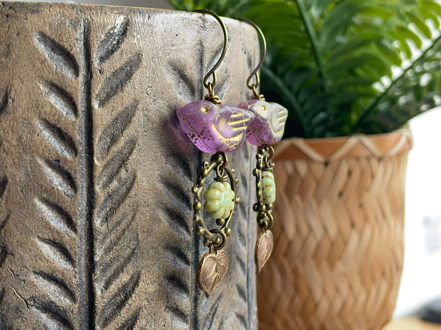 Lilac Bird Earrings with Flower Beads and Brass Leaves | Nature Inspired Czech Glass Jewellery