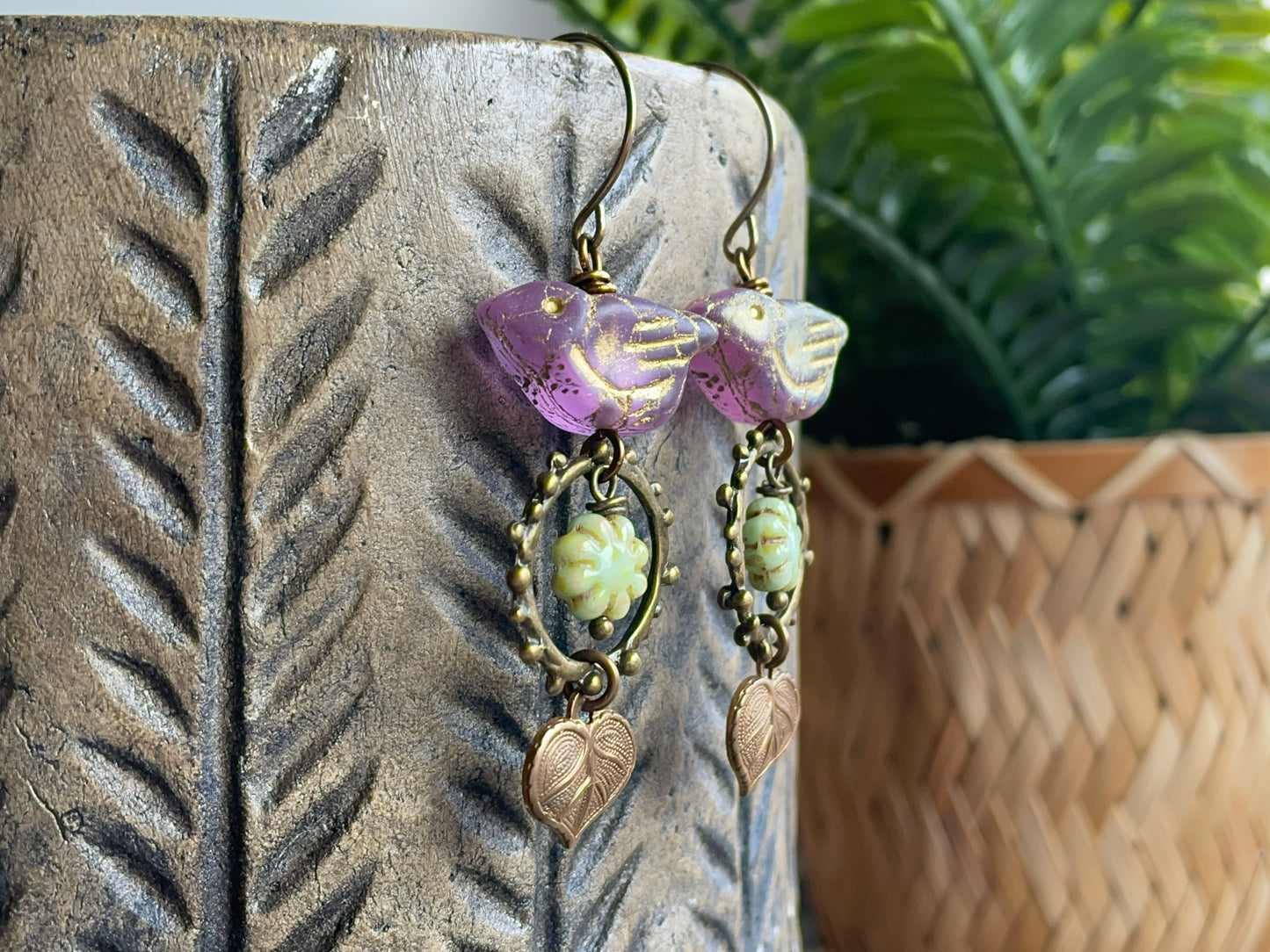 Lilac Bird Earrings with Flower Beads and Brass Leaves | Nature Inspired Czech Glass Jewellery