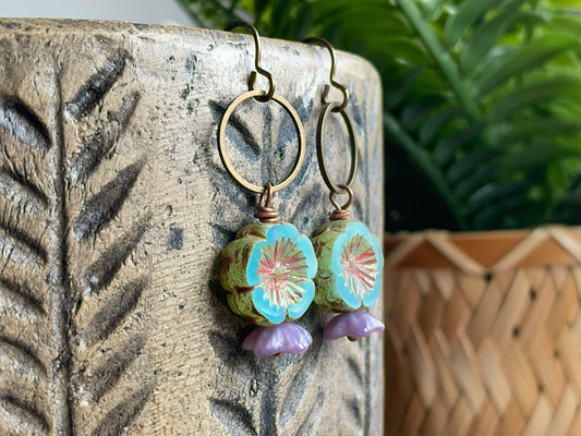 Rustic Flower Bead Earrings in Seafoam Green & Lavender Purple | Nature Inspired Brass Jewellery