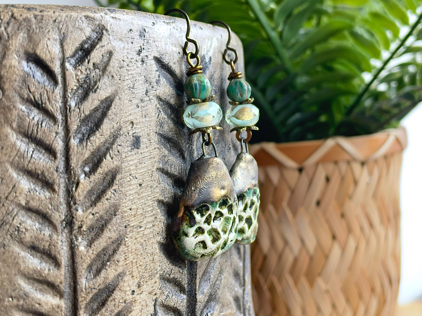 Handmade Ceramic & Czech Glass Earrings in Green Botanical Tones | Rustic Artisan Made Jewellery