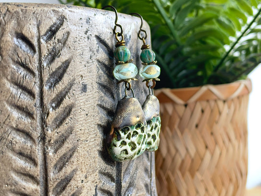 Handmade Ceramic & Czech Glass Earrings in Green Botanical Tones | Rustic Artisan Made Jewellery