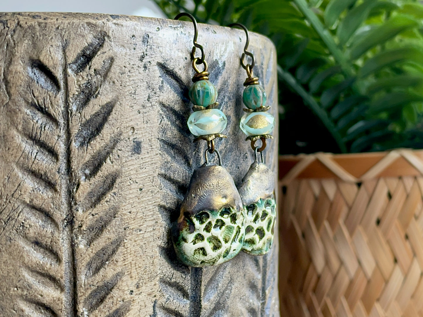 Handmade Ceramic & Czech Glass Earrings in Green Botanical Tones | Rustic Artisan Made Jewellery
