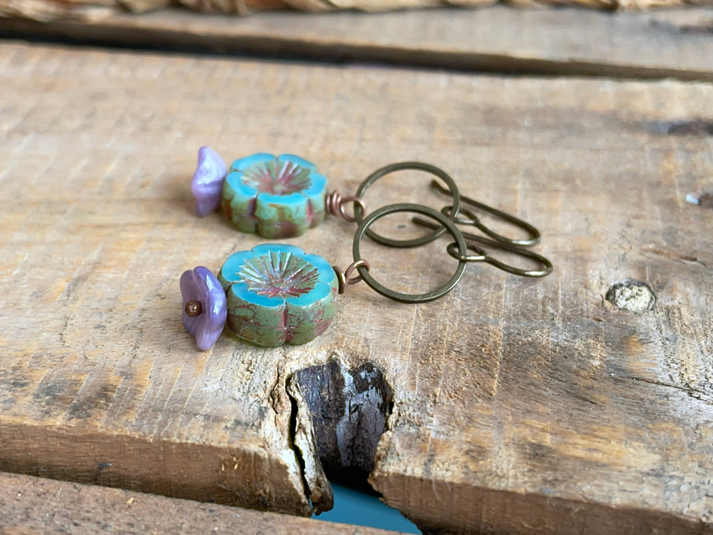 Rustic Flower Bead Earrings in Seafoam Green & Lavender Purple | Nature Inspired Brass Jewellery