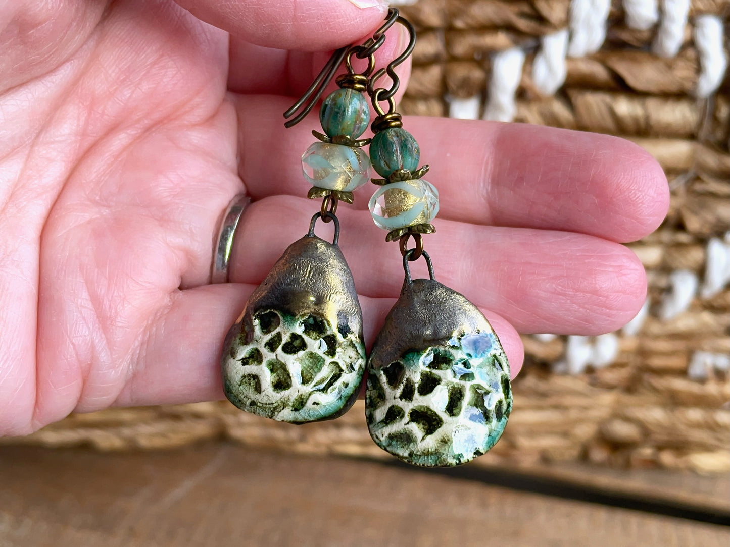 Handmade Ceramic & Czech Glass Earrings in Green Botanical Tones | Rustic Artisan Made Jewellery