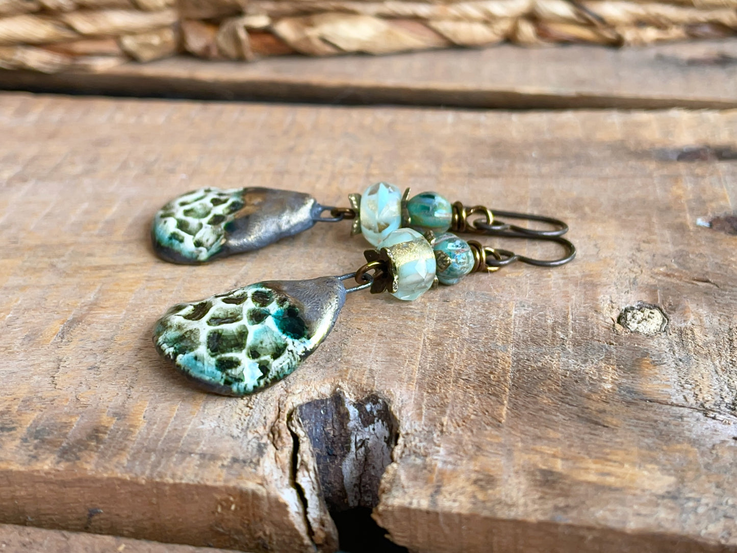 Handmade Ceramic & Czech Glass Earrings in Green Botanical Tones | Rustic Artisan Made Jewellery