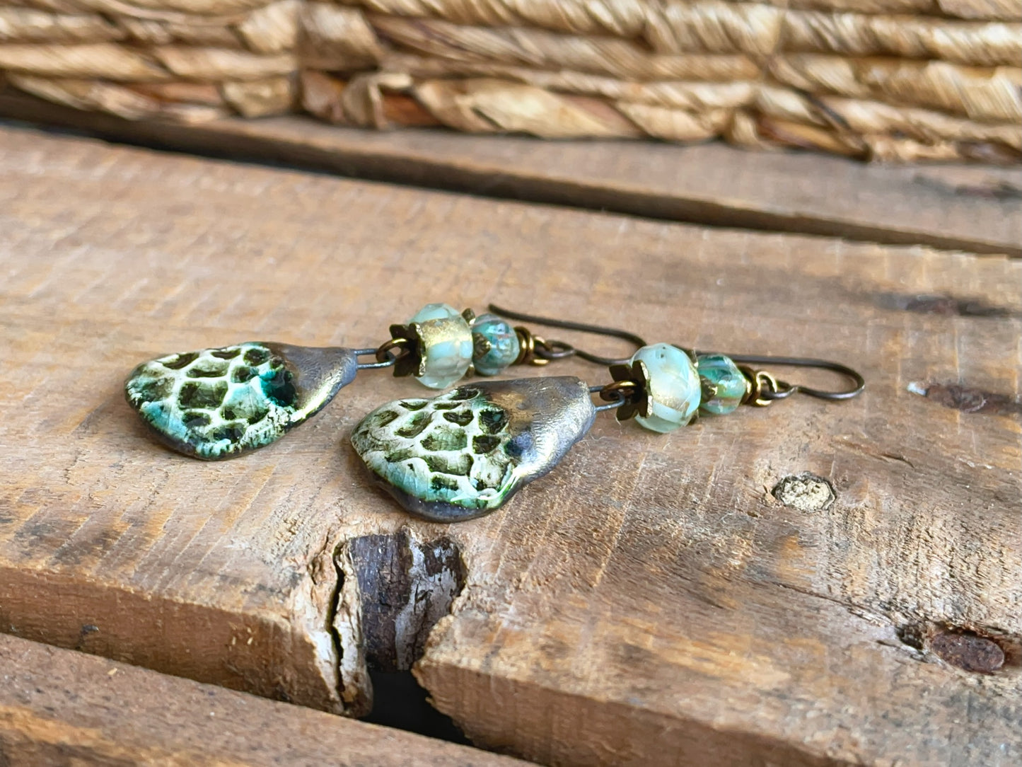 Handmade Ceramic & Czech Glass Earrings in Green Botanical Tones | Rustic Artisan Made Jewellery