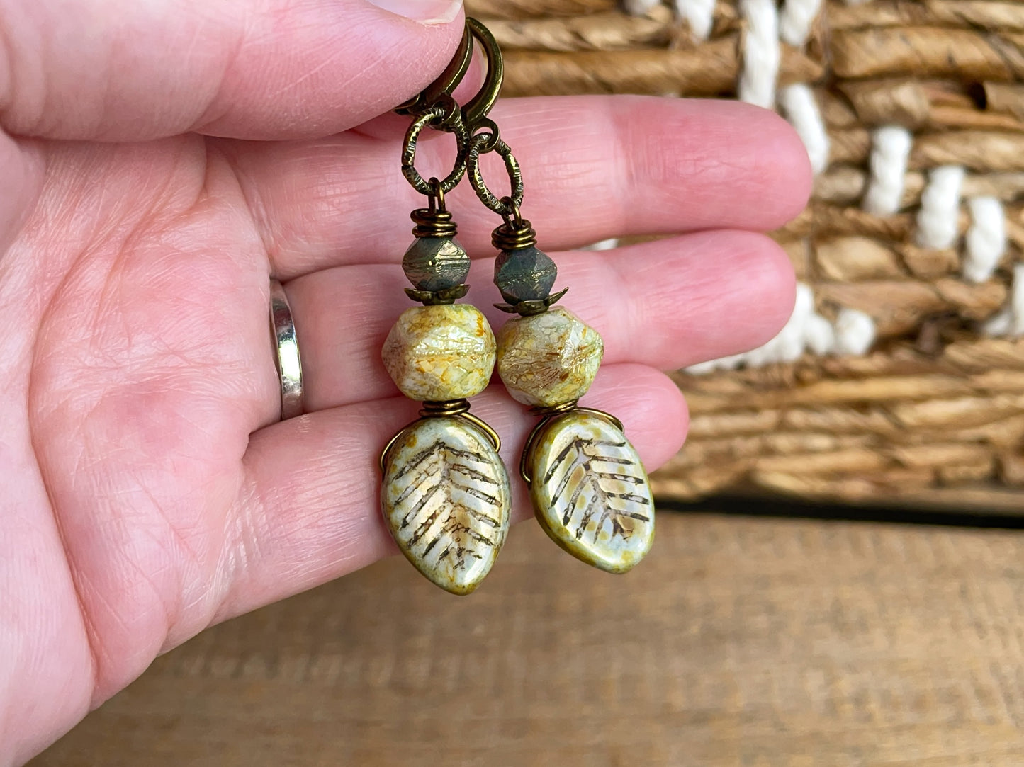 Nature-Inspired Sage Green Czech Glass Leaf Earrings with Faceted Beads and Leverback Earwires | Earthy Bohemian Jewellery
