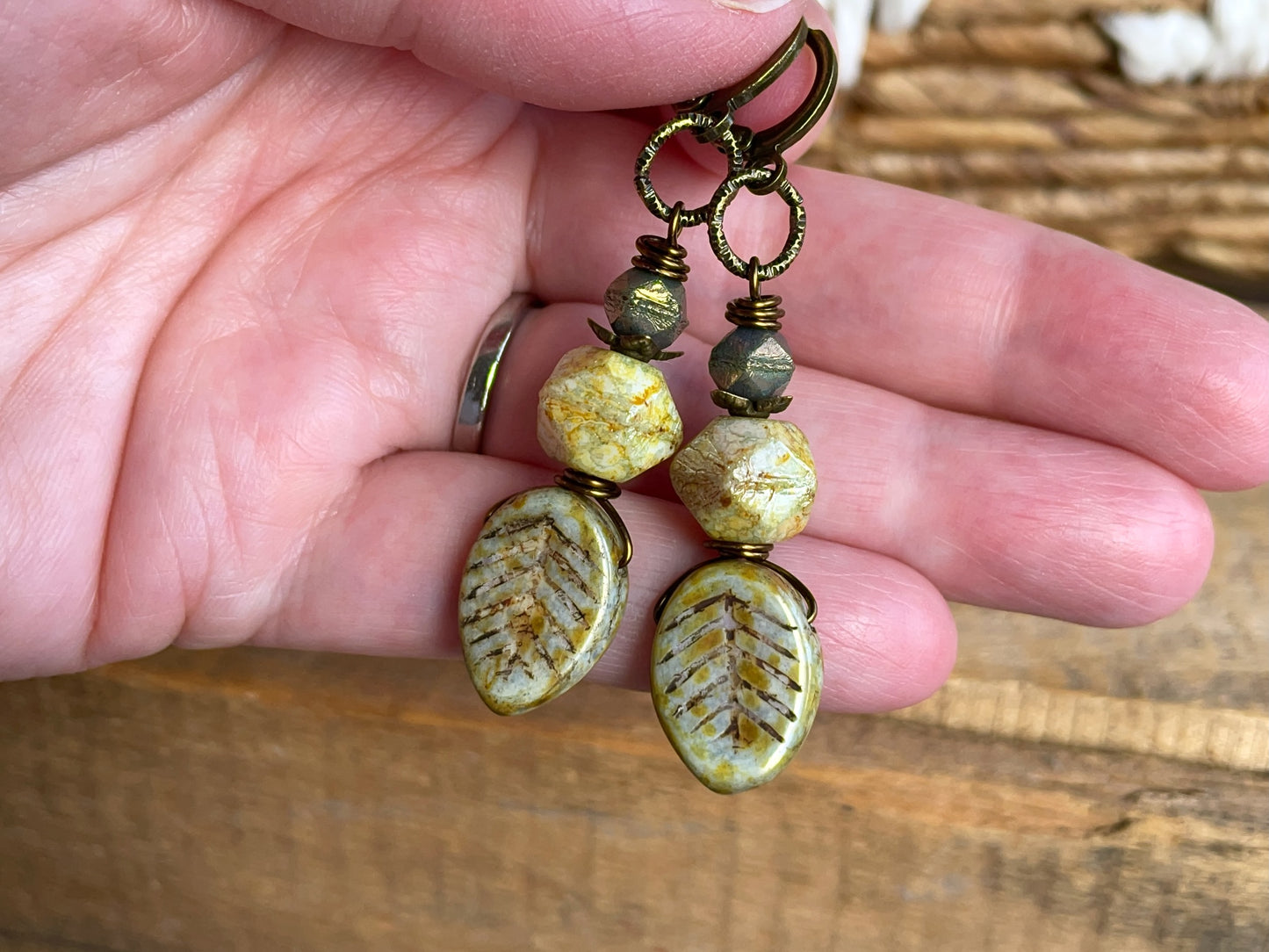 Nature-Inspired Sage Green Czech Glass Leaf Earrings with Faceted Beads and Leverback Earwires | Earthy Bohemian Jewellery