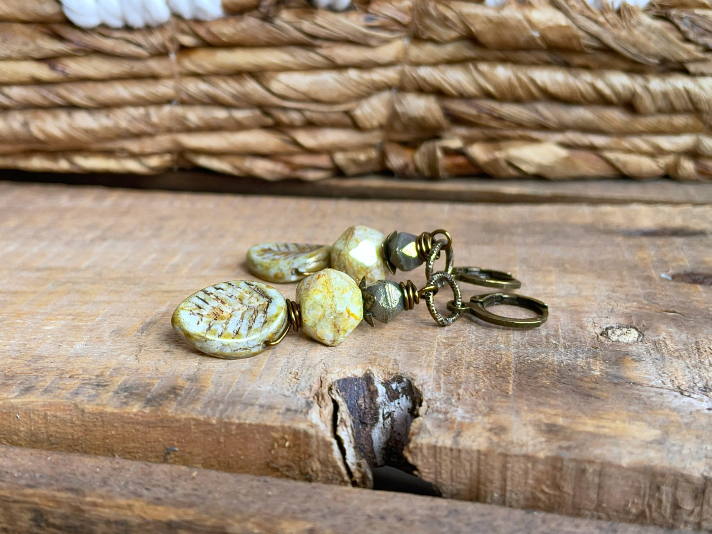 Nature-Inspired Sage Green Czech Glass Leaf Earrings with Faceted Beads and Leverback Earwires | Earthy Bohemian Jewellery