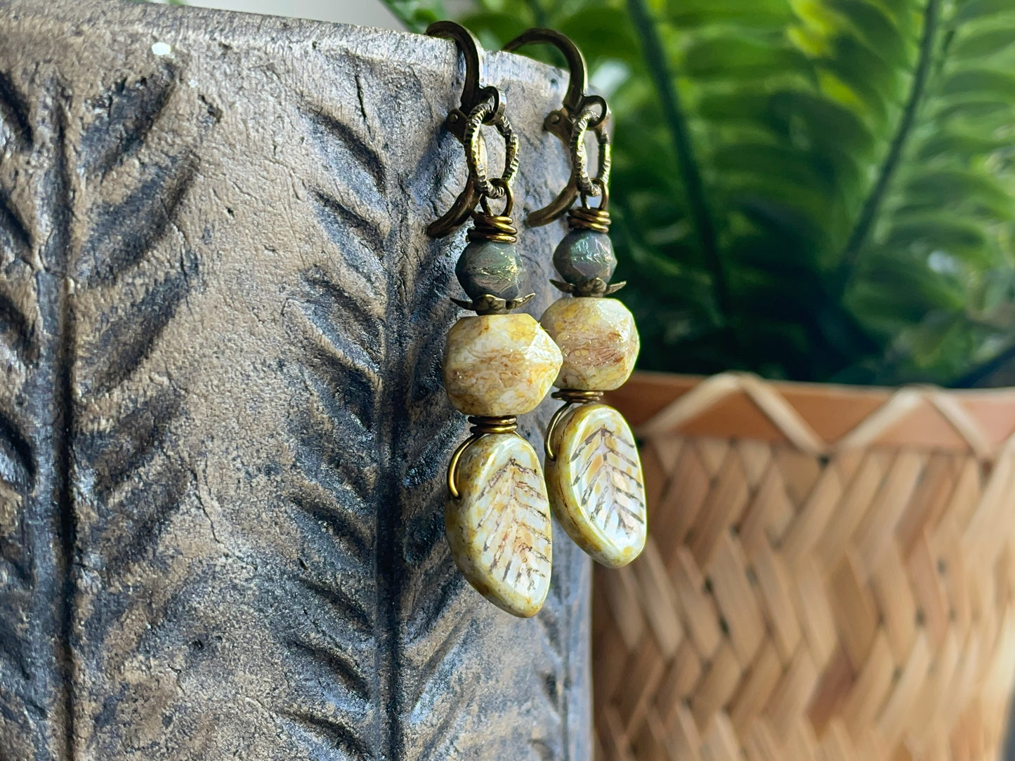 Nature-Inspired Sage Green Czech Glass Leaf Earrings with Faceted Beads and Leverback Earwires | Earthy Bohemian Jewellery