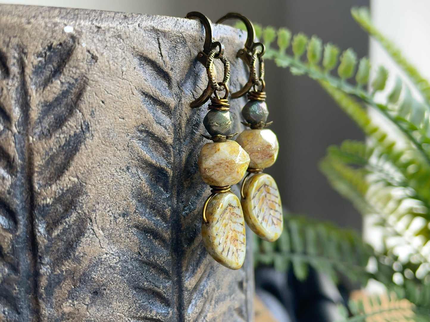 Nature-Inspired Sage Green Czech Glass Leaf Earrings with Faceted Beads and Leverback Earwires | Earthy Bohemian Jewellery