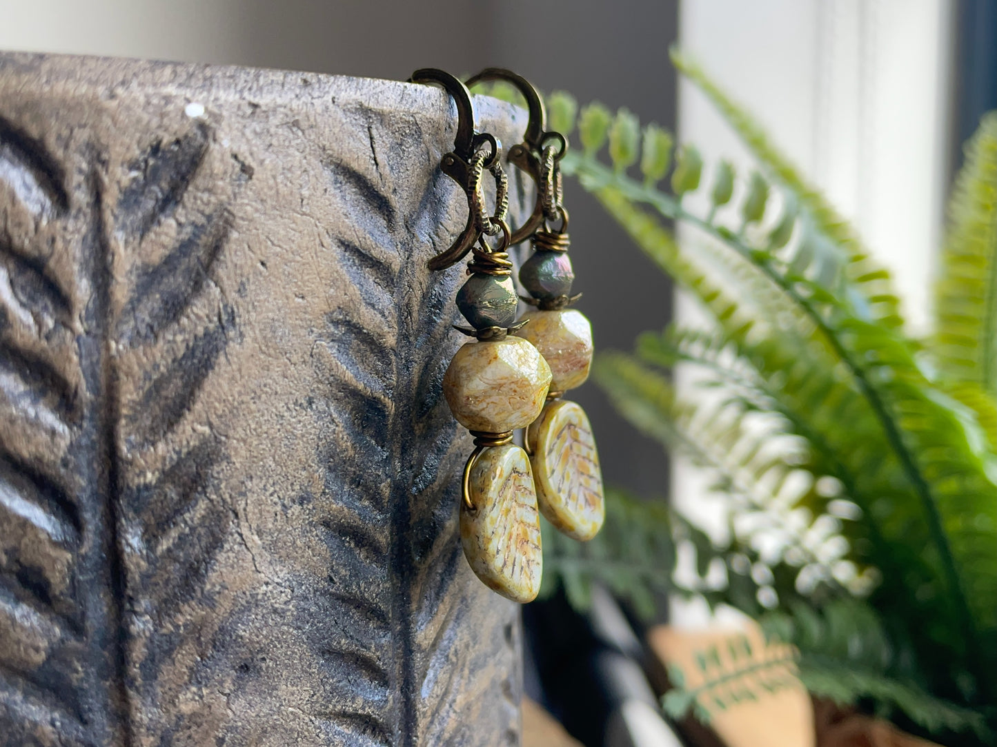 Nature-Inspired Sage Green Czech Glass Leaf Earrings with Faceted Beads and Leverback Earwires | Earthy Bohemian Jewellery