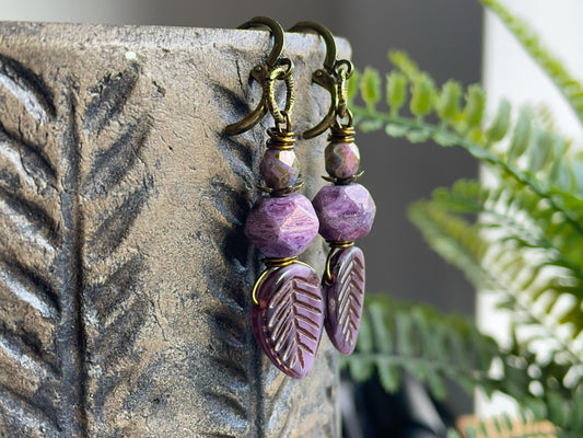 Lavender Purple Czech Glass Leaf Earrings with Faceted Beads and Leverback Earwires | Nature Inspired Jewellery