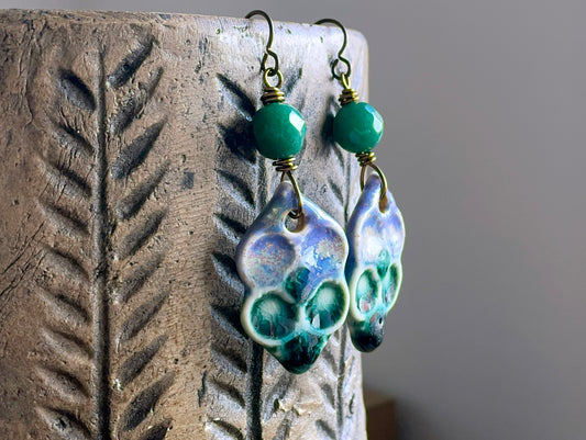 Lilac & Green Artisan Ceramic Earrings. Bohemian Style Earrings for Summer. One of a Kind Statement Jewellery