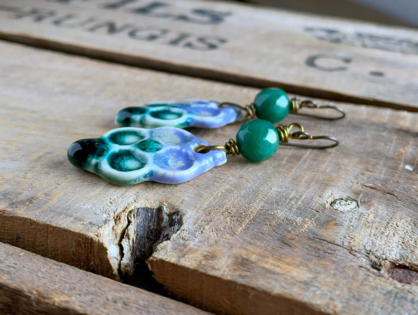 Lilac & Green Artisan Ceramic Earrings. Bohemian Style Earrings for Summer. One of a Kind Statement Jewellery