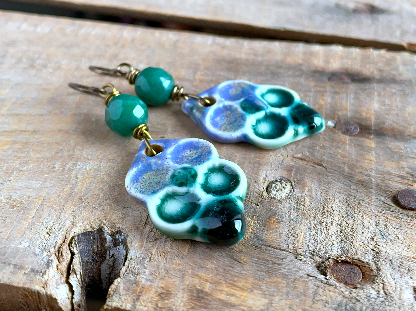 Lilac & Green Artisan Ceramic Earrings. Bohemian Style Earrings for Summer. One of a Kind Statement Jewellery