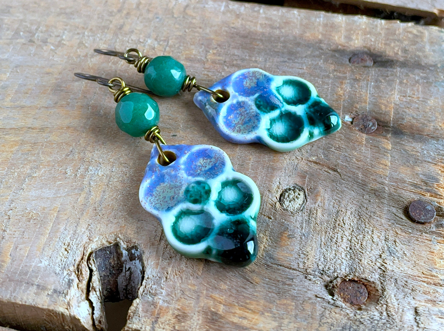 Lilac & Green Artisan Ceramic Earrings. Bohemian Style Earrings for Summer. One of a Kind Statement Jewellery