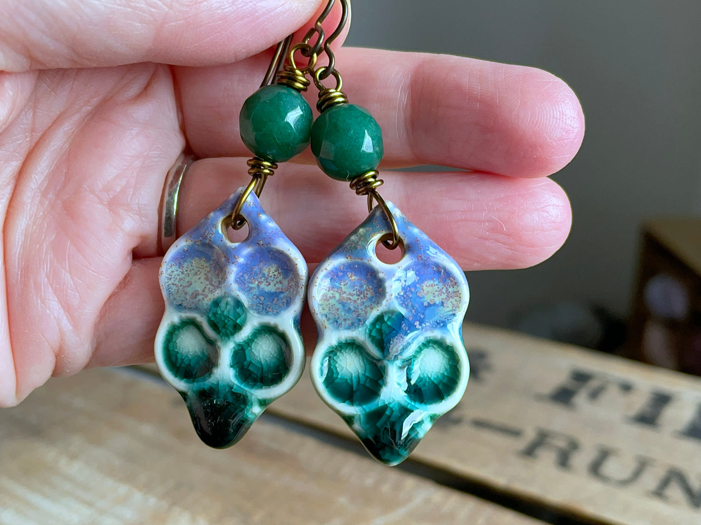 Lilac & Green Artisan Ceramic Earrings. Bohemian Style Earrings for Summer. One of a Kind Statement Jewellery