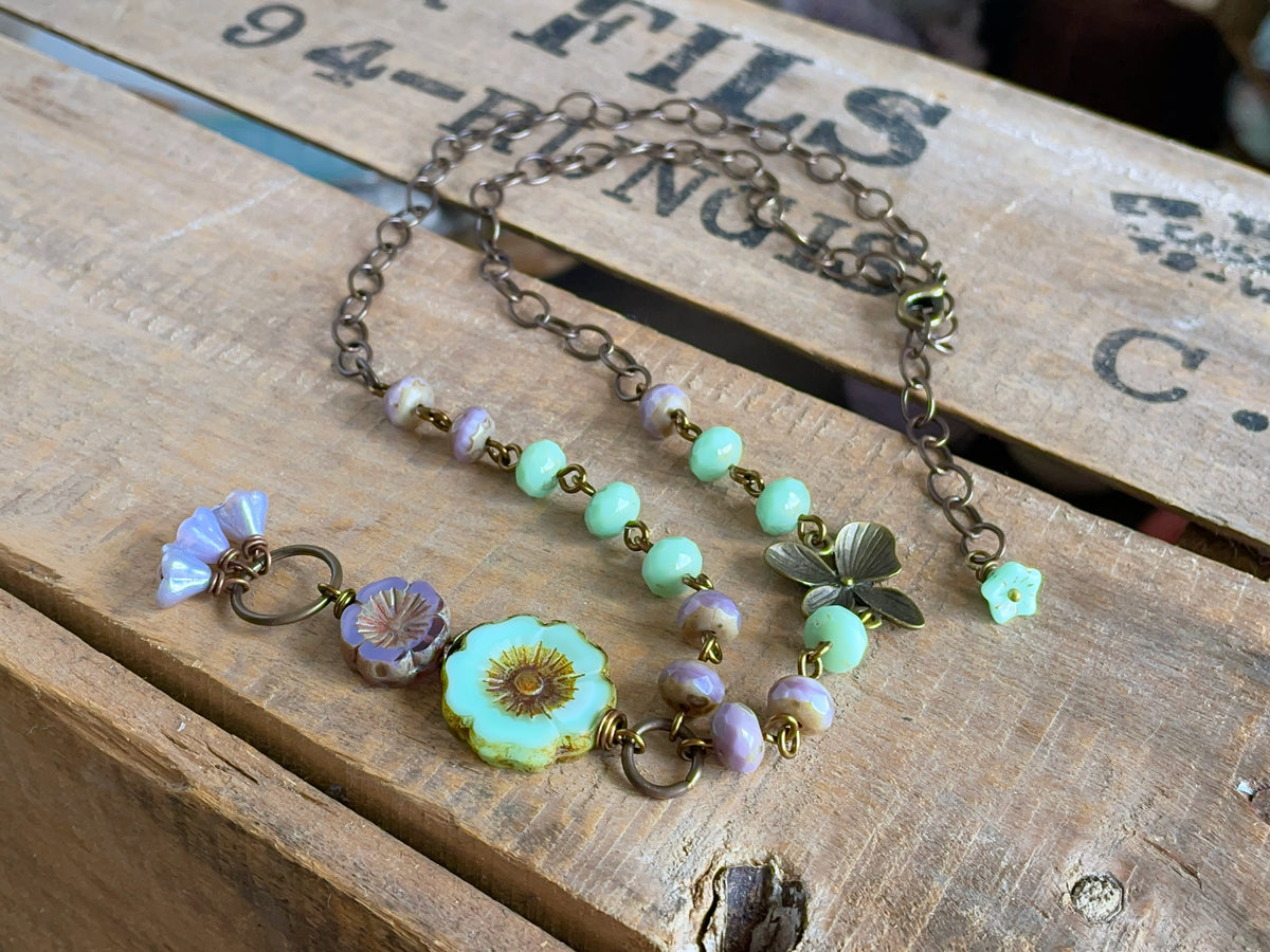 Czech Glass Flower Necklace. Lavender & Mint Green Floral Necklace. Bohemian Style Necklace. Whimsical, Nature Inspired Jewellery