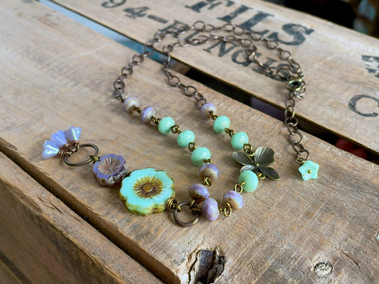 Czech Glass Flower Necklace. Lavender & Mint Green Floral Necklace. Bohemian Style Necklace. Whimsical, Nature Inspired Jewellery
