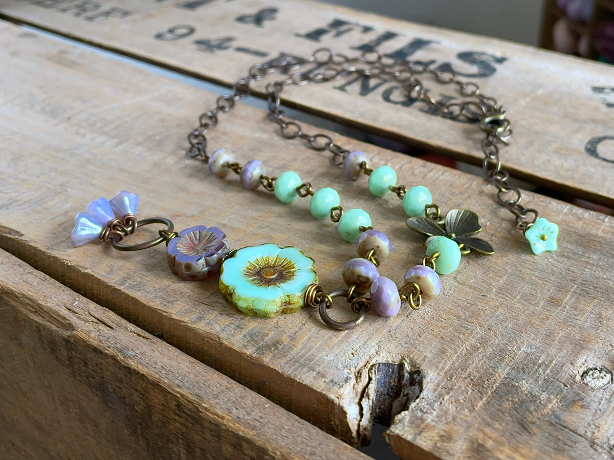 Czech Glass Flower Necklace. Lavender & Mint Green Floral Necklace. Bohemian Style Necklace. Whimsical, Nature Inspired Jewellery